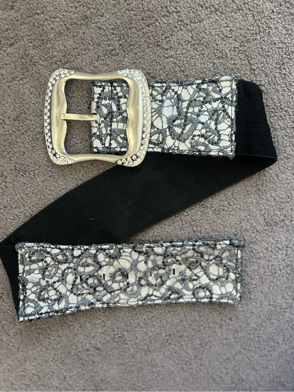Buckle Black and Silver Stretch Belt with Rhinestone Buckle